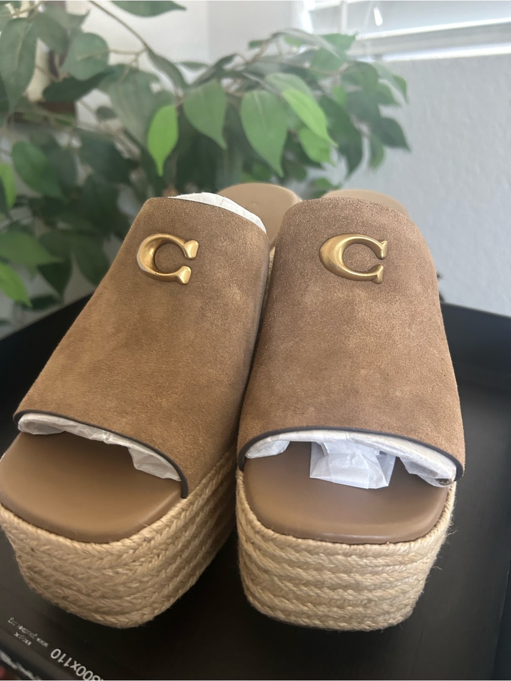 Coach Brown Suede Platform Espadrille Slides with Gold C Logo